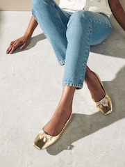 Gold Forever Comfort® Square Toe Bow Trim Ballerinas - Image 1 of 8