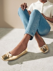 Gold Forever Comfort® Square Toe Bow Trim Ballerinas - Image 3 of 8