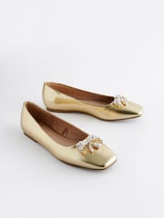 Gold Forever Comfort® Square Toe Bow Trim Ballerinas - Image 4 of 8