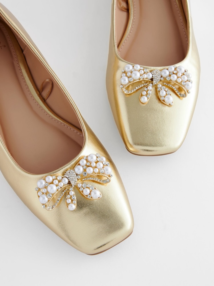 Gold Forever Comfort® Square Toe Bow Trim Ballerinas - Image 8 of 8