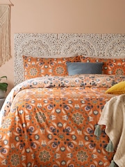 furn. Orange Ochre Yellow Folk Flora Floral Reversible Duvet Cover and Pillowcase Set - Image 1 of 4