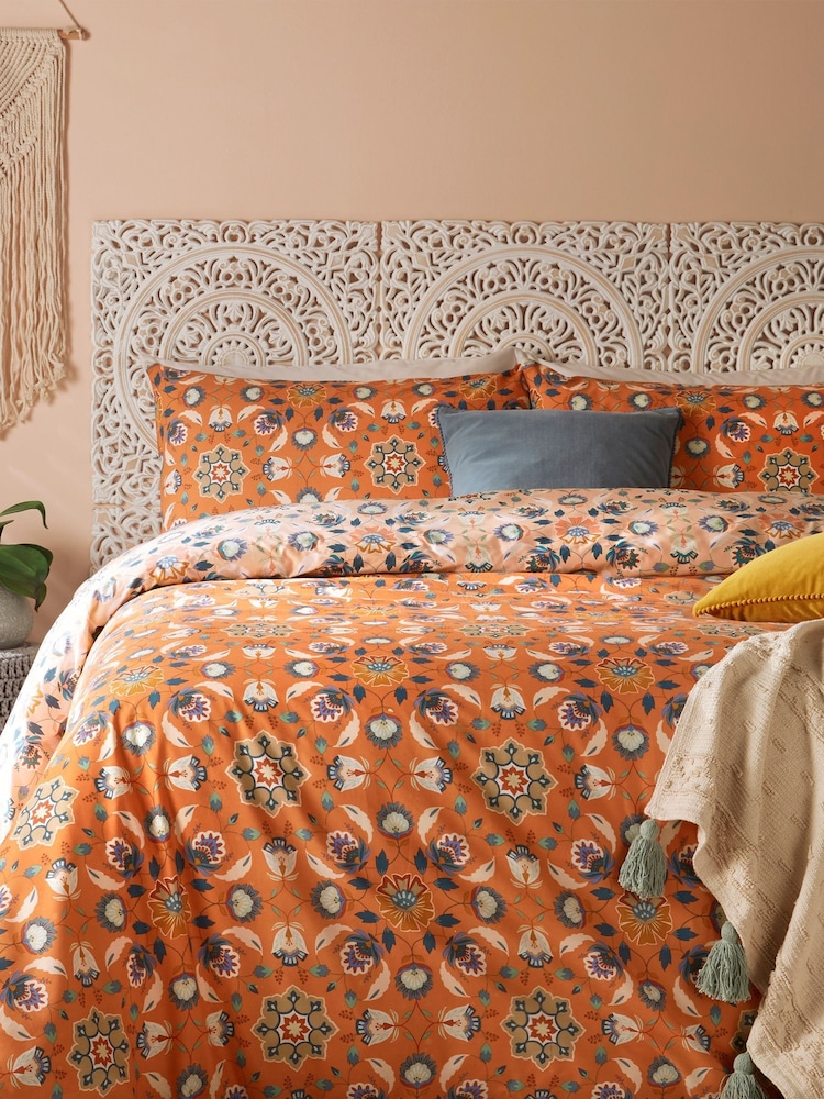 furn. Orange Ochre Yellow Folk Flora Floral Reversible Duvet Cover and Pillowcase Set - Image 1 of 4