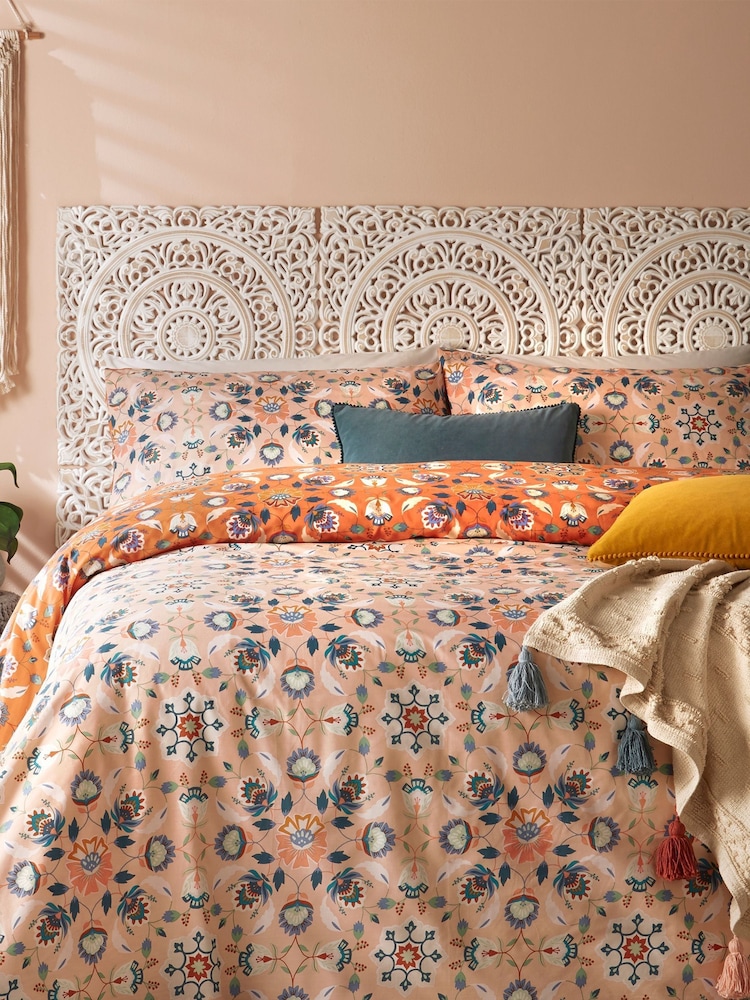 furn. Orange Ochre Yellow Folk Flora Floral Reversible Duvet Cover and Pillowcase Set - Image 2 of 4