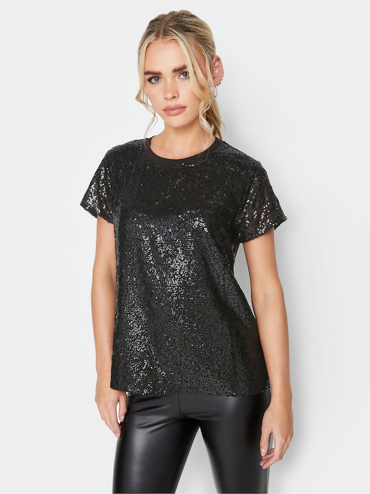 PixieGirl Petite Black Sequin Front T-Shirt - Image 1 of 4