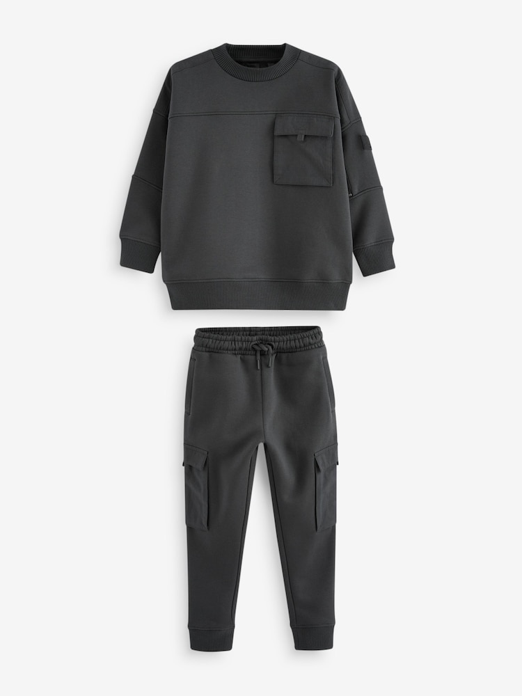 Charcoal Grey Set Utility Crew Neck Sweatshirt and Cargo Jogger Set (3-16yrs) - Image 1 of 4