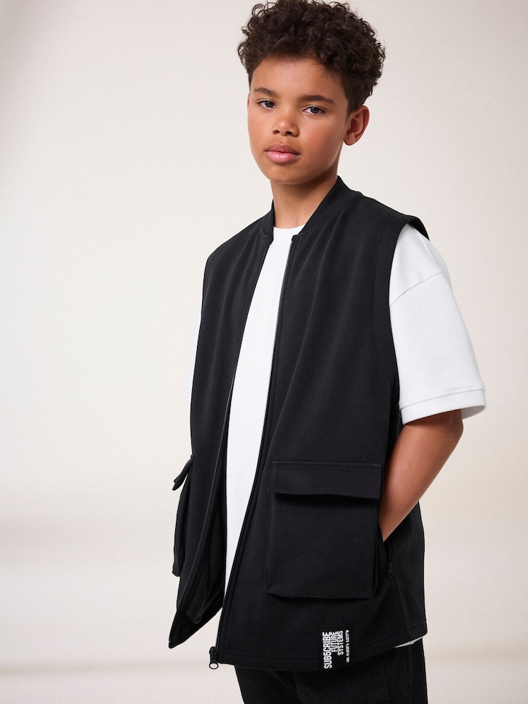 Black/White Utility Zip Front Vest and T-Shirt Set (3-16yrs) - Image 1 of 9