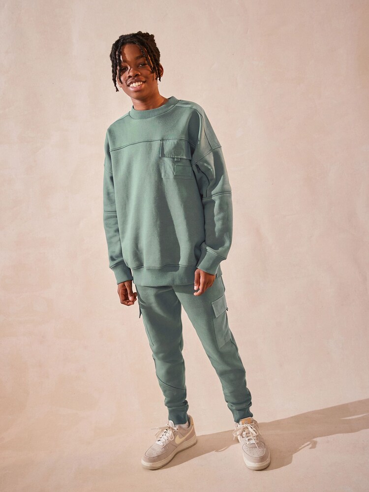 Sage Green Set Utility Crew Neck Sweatshirt and Cargo Jogger Set (3-16yrs) - Image 1 of 11