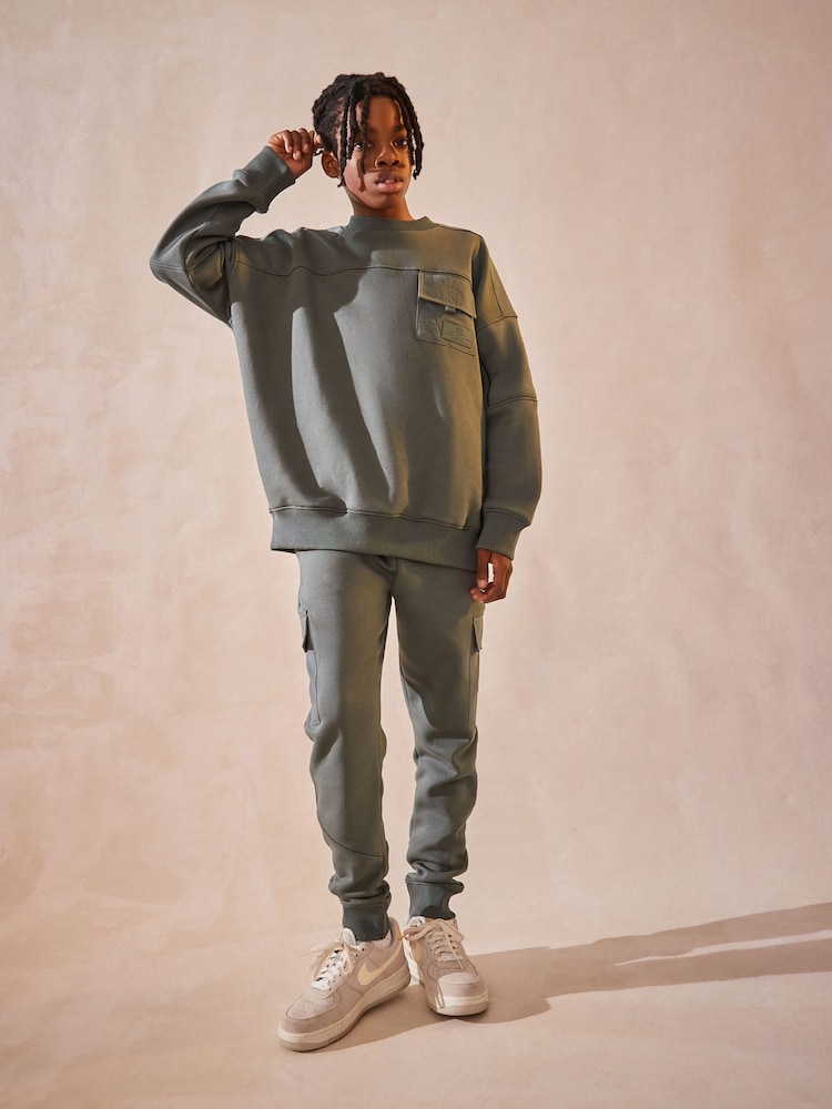 Sage Green Set Utility Crew Neck Sweatshirt and Cargo Jogger Set (3-16yrs) - Image 2 of 11