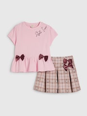 River Island Pink Check Frill Bow Top & Skirt Set - Image 1 of 5