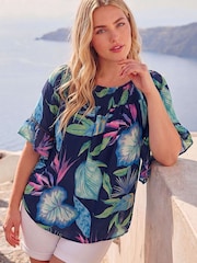 Roman Blue Curve Floral Print Shirred Bardot Top - Image 1 of 4