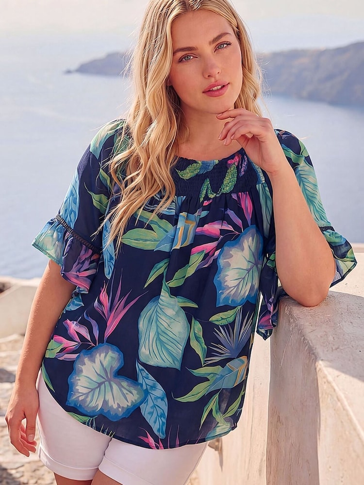 Roman Blue Curve Floral Print Shirred Bardot Top - Image 1 of 4