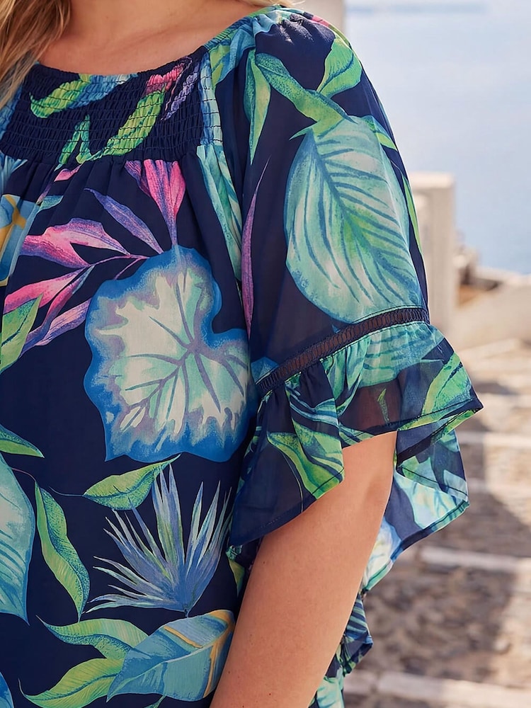 Roman Blue Curve Floral Print Shirred Bardot Top - Image 4 of 4