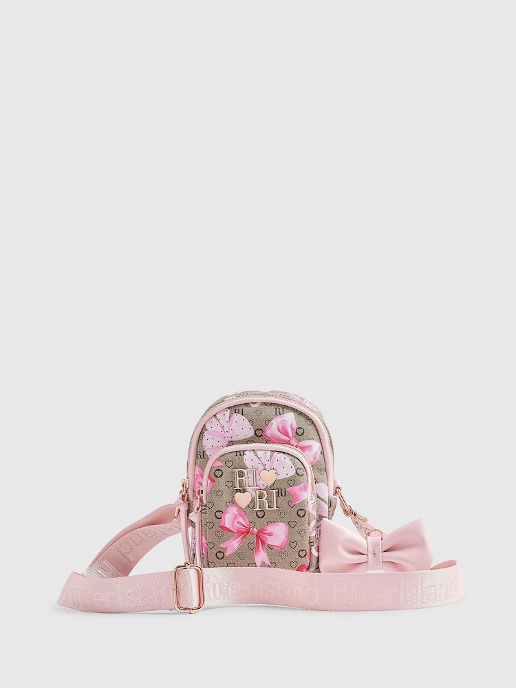 River Island Brown Bow Monogram Festival Bag - Image 1 of 5 River Island Brown Bow Monogram Festival Bag - Image 1 of 5