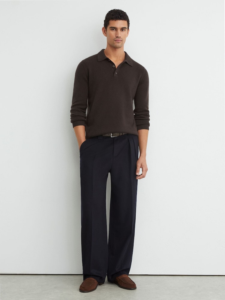 بني - Reiss Daunton 100% Cashmere Half-Button Polo Shirt - صورة 1 من 7