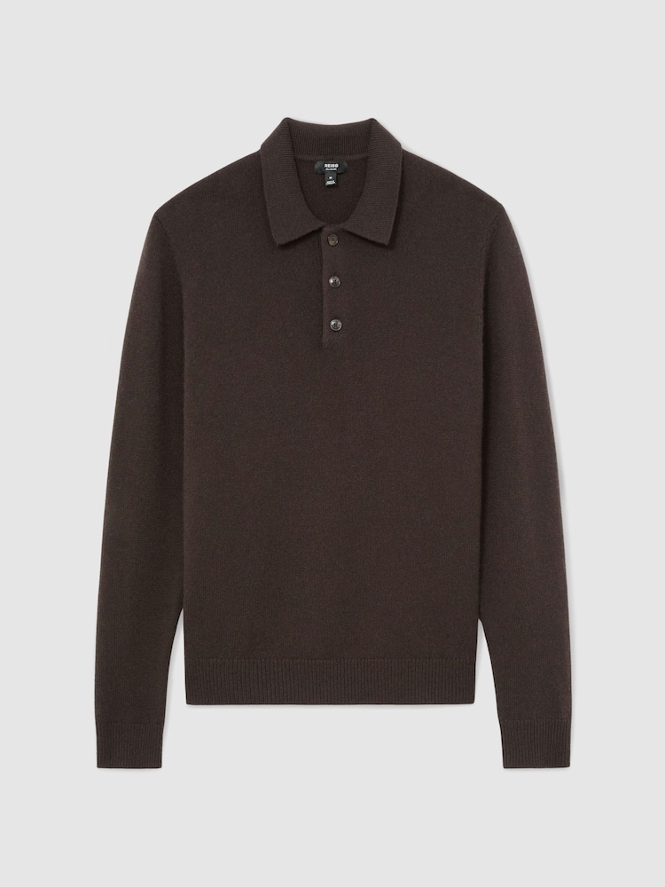 بني - Reiss Daunton 100% Cashmere Half-Button Polo Shirt - صورة 2 من 7