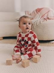 Red Checkerboard Christmas Santa Baby Knitted Top and Leggings Set (0mths-2yrs) - Image 1 of 12