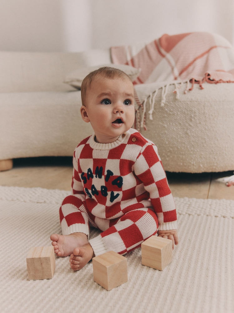 Red Checkerboard Christmas Santa Baby Knitted Top and Leggings Set (0mths-2yrs) - Image 1 of 12