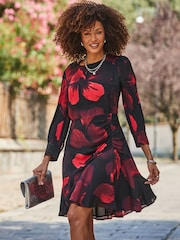 Sosandar Black Floral Print Fit & Flare Dress - Image 2 of 5