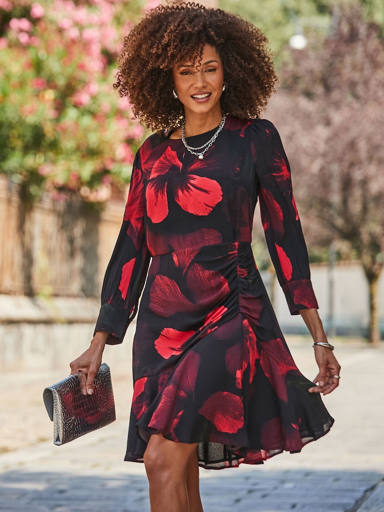 Sosandar Black Floral Print Fit & Flare Dress - Image 2 of 5 Sosandar Black Floral Print Fit & Flare Dress - Image 2 of 5