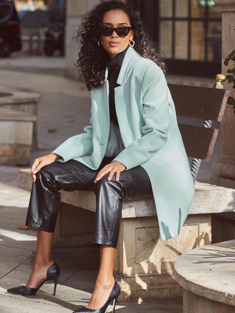 Sosandar Green Faux Wool Notch Neck Coat - Image 1 of 4 Sosandar Green Faux Wool Notch Neck Coat - Image 1 of 4