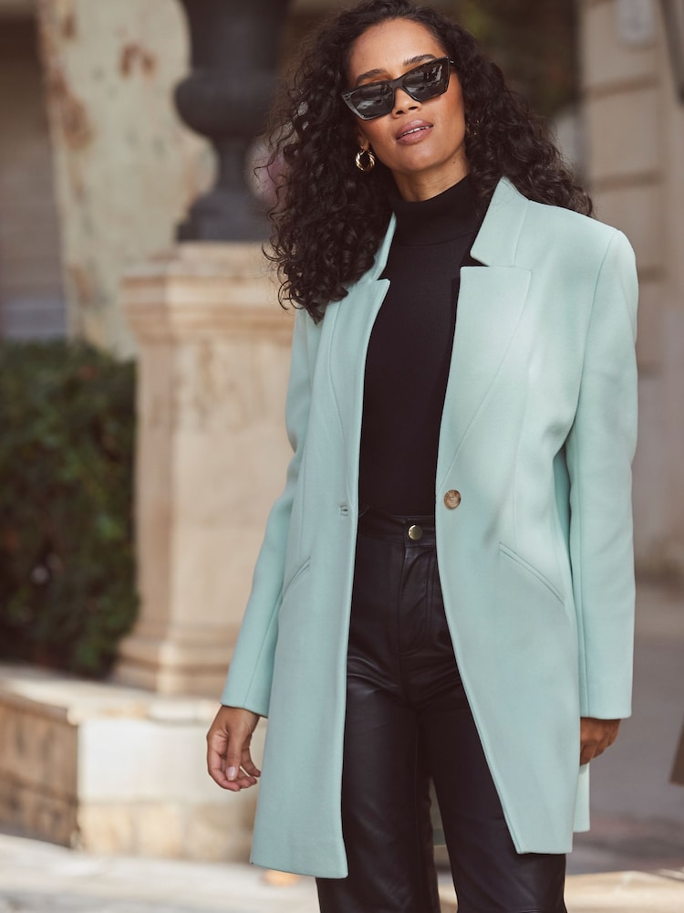 Sosandar Green Faux Wool Notch Neck Coat - Image 4 of 4 Sosandar Green Faux Wool Notch Neck Coat - Image 4 of 4