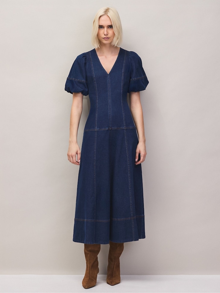 Ro&Zo Blue Petite Denim Puff Sleeve Midi Dress - Image 1 of 7 Ro&Zo Blue Petite Denim Puff Sleeve Midi Dress - Image 1 of 7