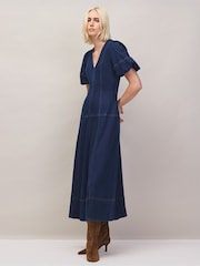 Ro&Zo Blue Petite Denim Puff Sleeve Midi Dress - Image 2 of 7