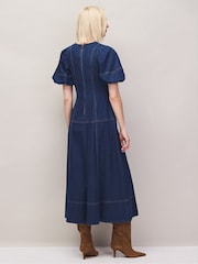 Ro&Zo Blue Petite Denim Puff Sleeve Midi Dress - Image 6 of 7