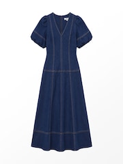 Ro&Zo Blue Petite Denim Puff Sleeve Midi Dress - Image 7 of 7