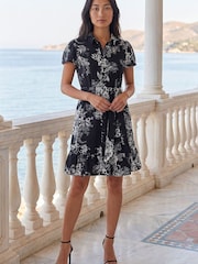 Roman Black Petite Floral Print Frill Shirt Dress - Image 1 of 4