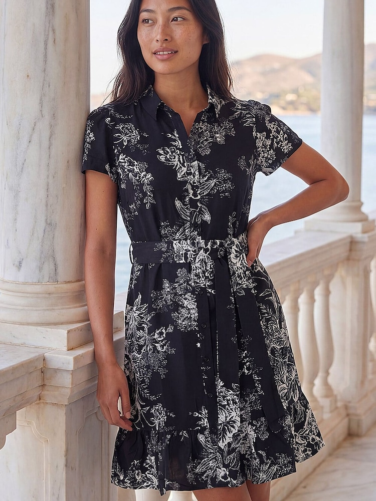 Roman Black Petite Floral Print Frill Shirt Dress - Image 2 of 4