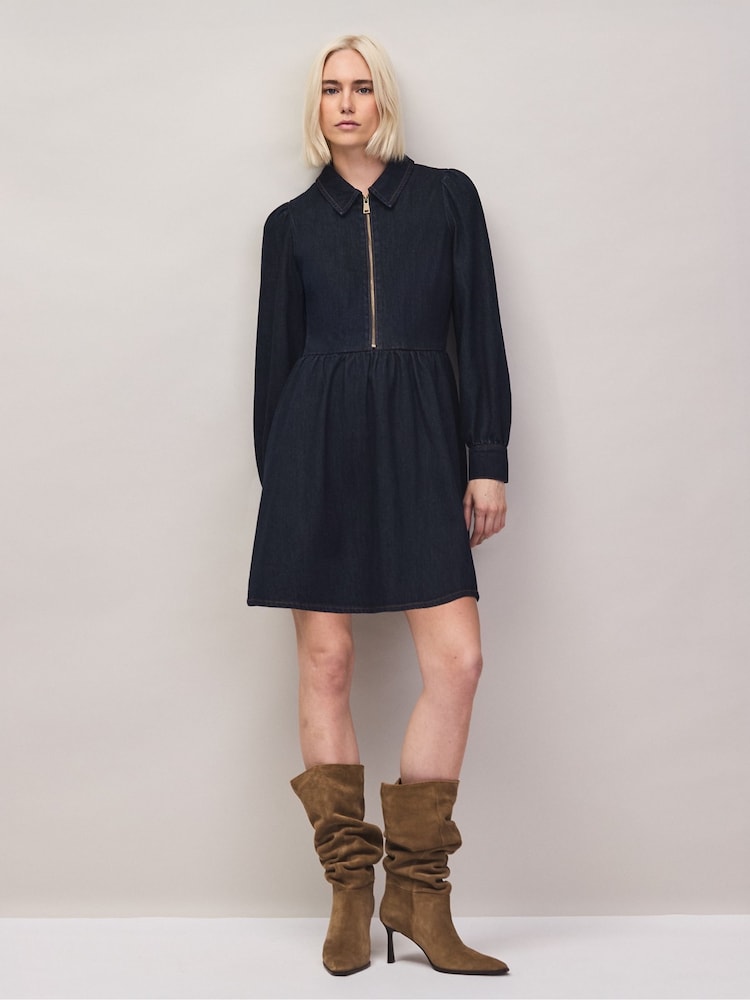 Ro&Zo Zip Front Gathered Denim Mini Dress - 6суретінің 2 суреті Ro&Zo Zip Front Gathered Denim Mini Dress - 6суретінің 2 суреті