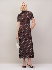 Ro&Zo Brown Petite Polka Dot Puff Sleeve Dress - Image 1 of 6