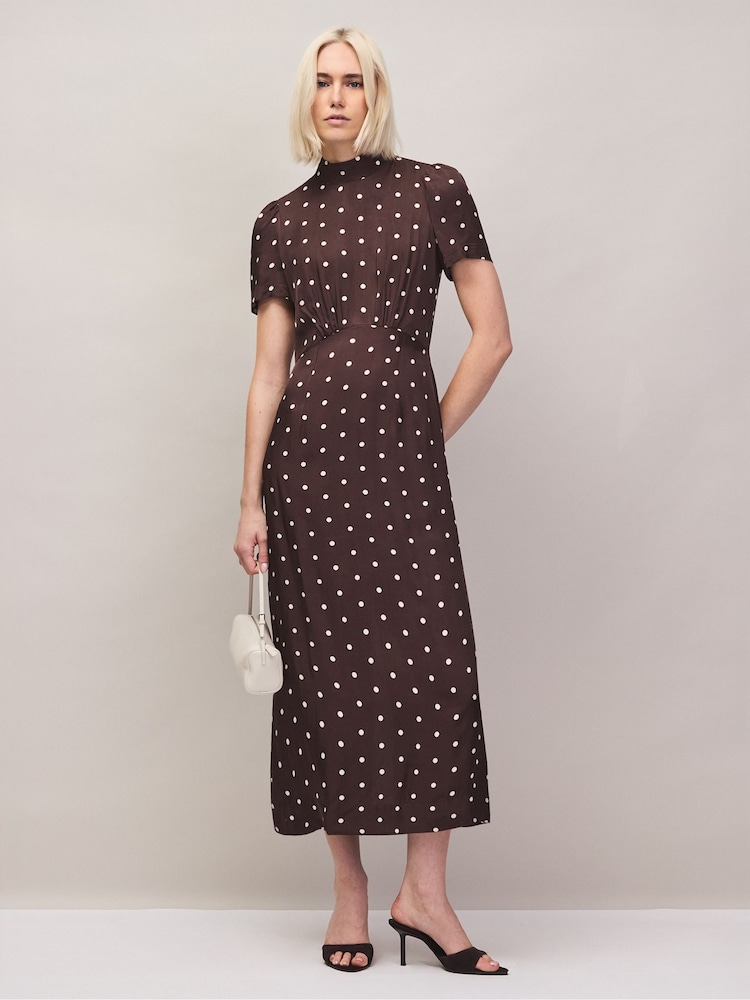 Ro&Zo Brown Petite Polka Dot Puff Sleeve Dress - Image 1 of 6