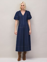 Ro&Zo Blue Denim Puff Sleeve Midi Dress - Image 1 of 7