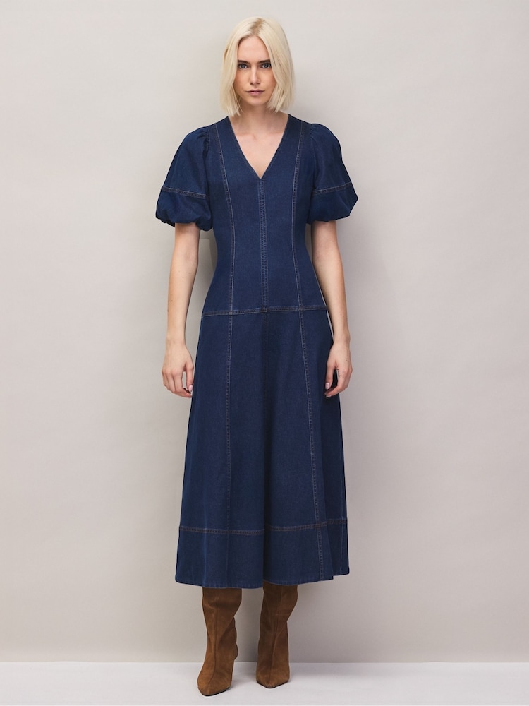 Ro&Zo Blue Denim Puff Sleeve Midi Dress - Image 1 of 7