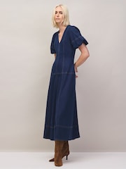 Ro&Zo Blue Denim Puff Sleeve Midi Dress - Image 2 of 7