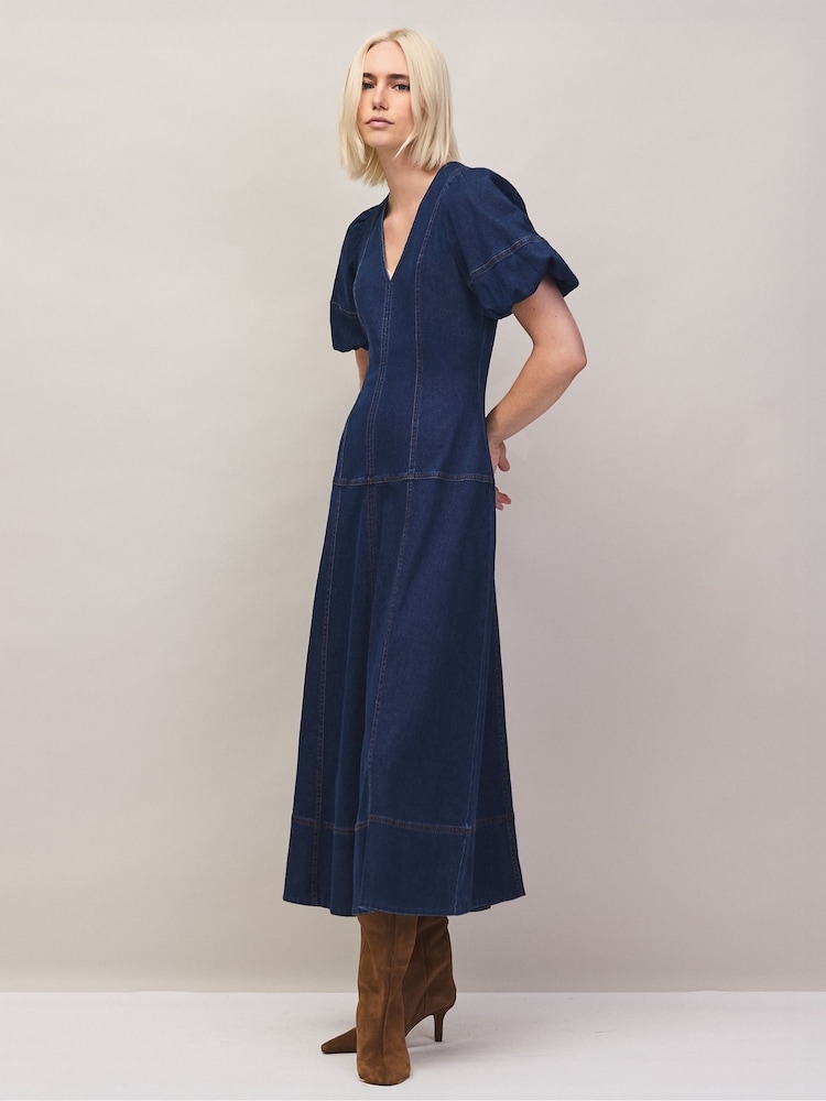 Ro&Zo Blue Denim Puff Sleeve Midi Dress - Image 2 of 7