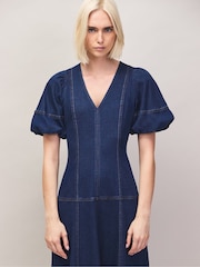 Ro&Zo Blue Denim Puff Sleeve Midi Dress - Image 3 of 7
