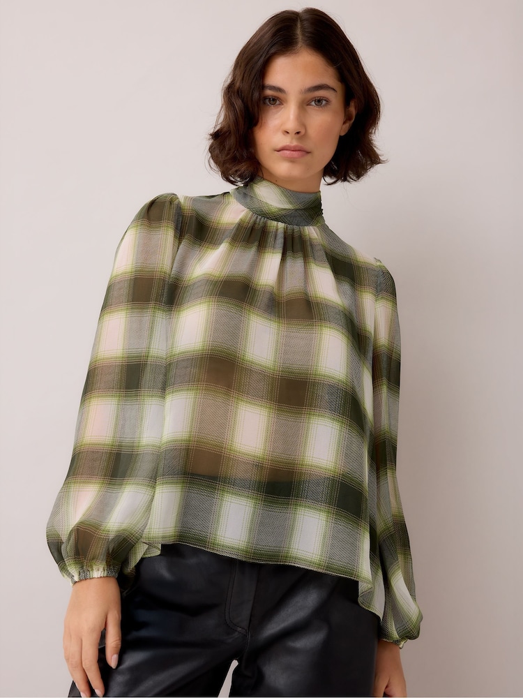 Ro&Zo Green Check High Neck Chiffon Blouse - Image 1 of 6