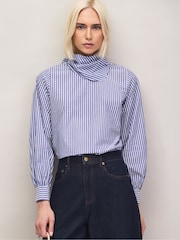 Ro&Zo Blue Stripe Tie Up Neck Cotton Blouse - Image 1 of 6