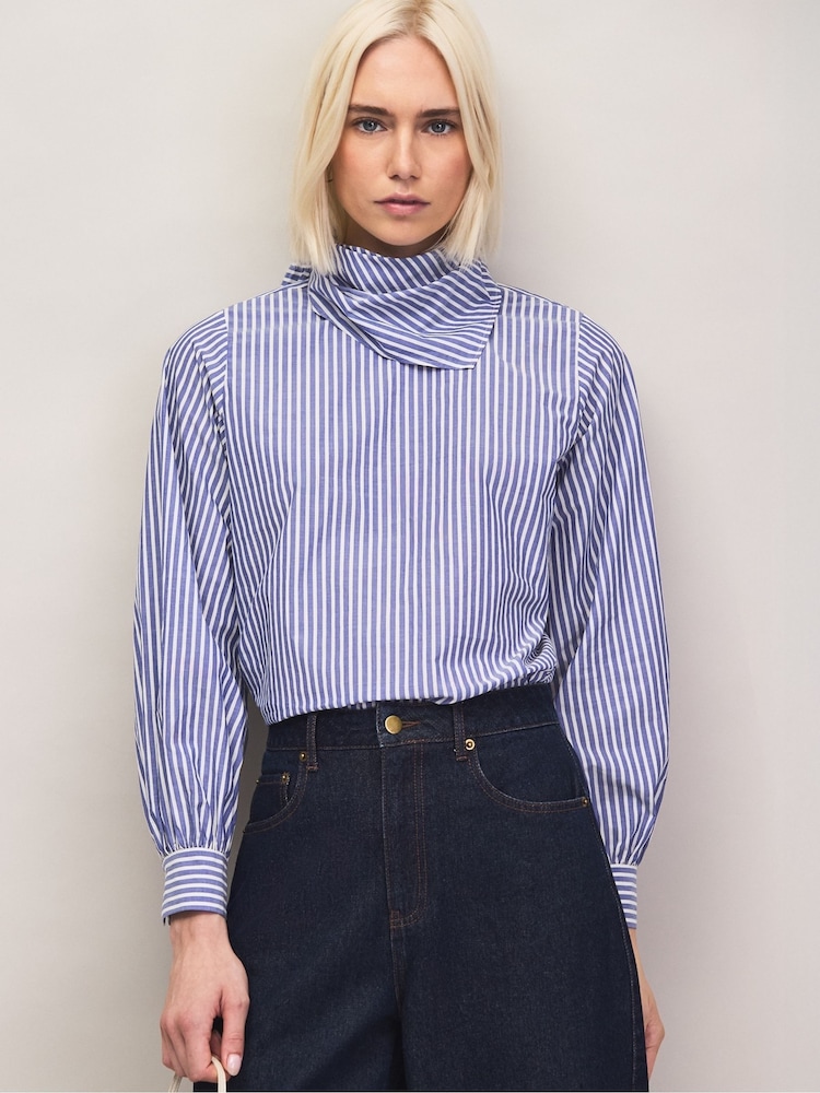 Ro&Zo Blue Stripe Tie Up Neck Cotton Blouse - Image 1 of 6