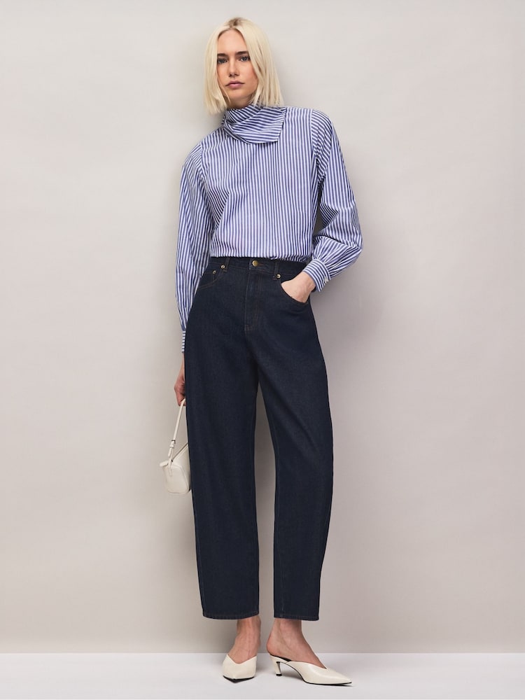 Ro&Zo Blue Stripe Tie Up Neck Cotton Blouse - Image 2 of 6