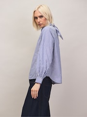Ro&Zo Blue Stripe Tie Up Neck Cotton Blouse - Image 3 of 6