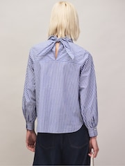 Ro&Zo Blue Stripe Tie Up Neck Cotton Blouse - Image 6 of 6