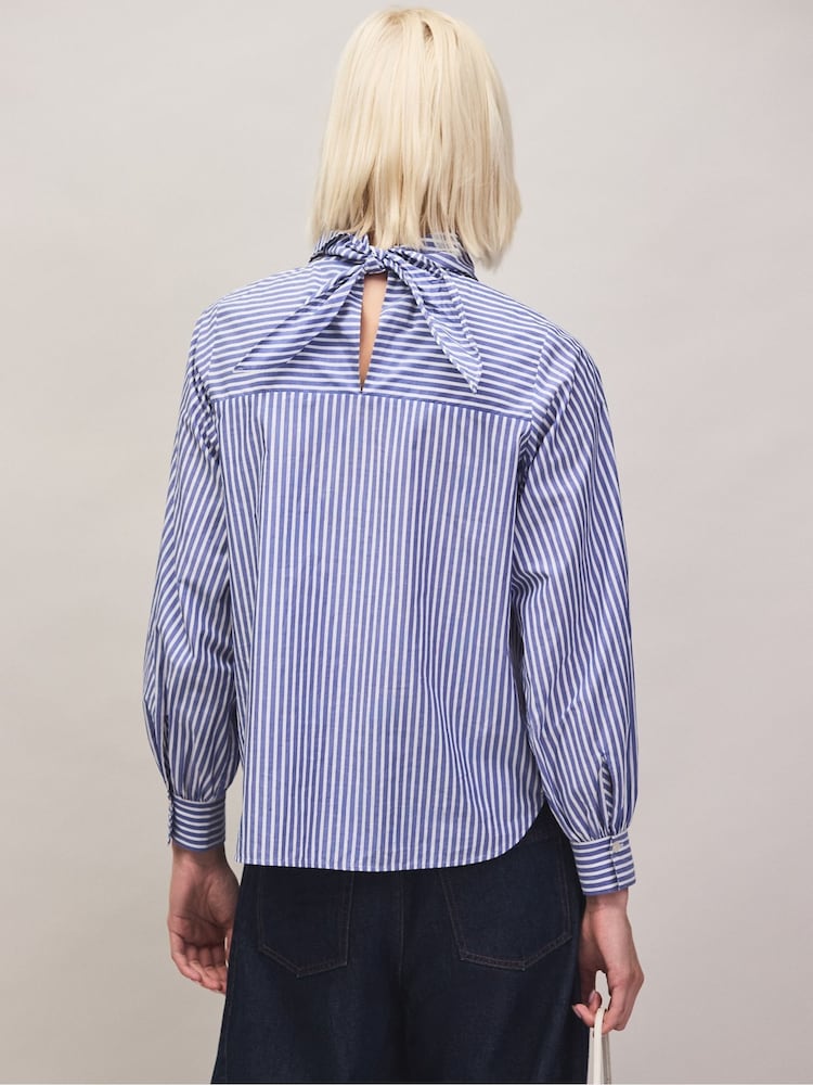 Ro&Zo Blue Stripe Tie Up Neck Cotton Blouse - Image 6 of 6