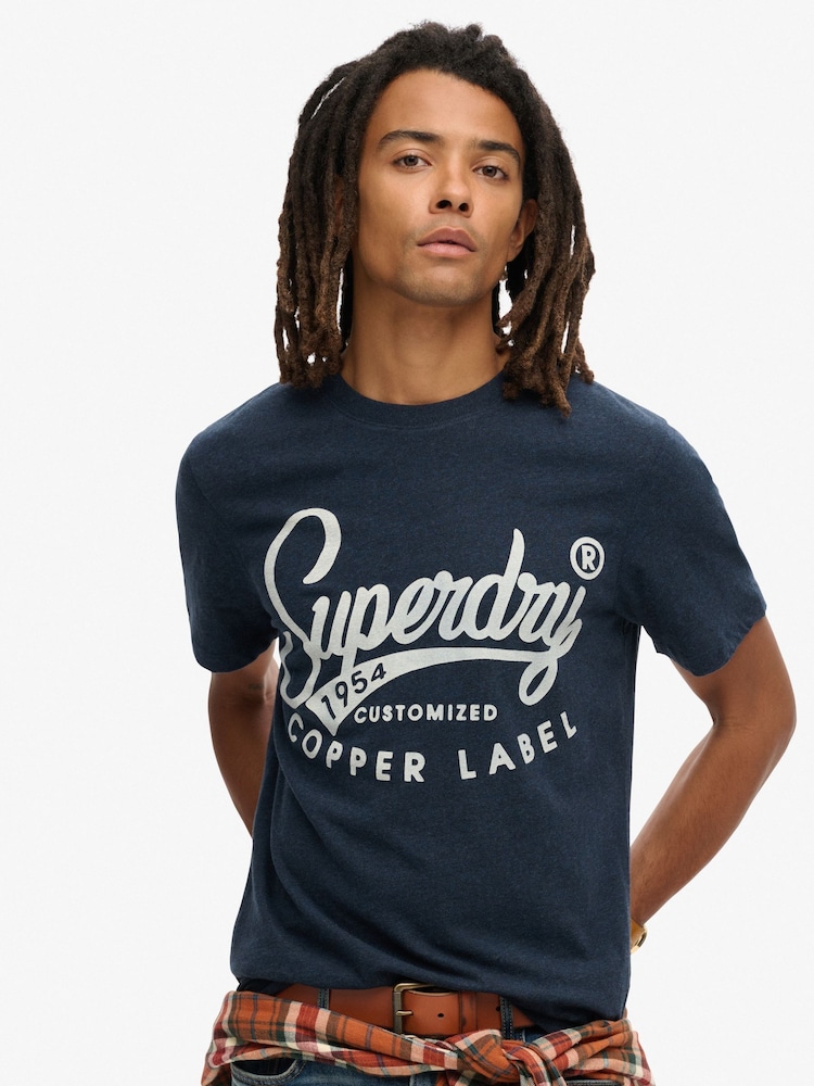 Superdry Black Blue Grit 100% Cotton Copper Label Workwear T-Shirt - Image 1 of 5
