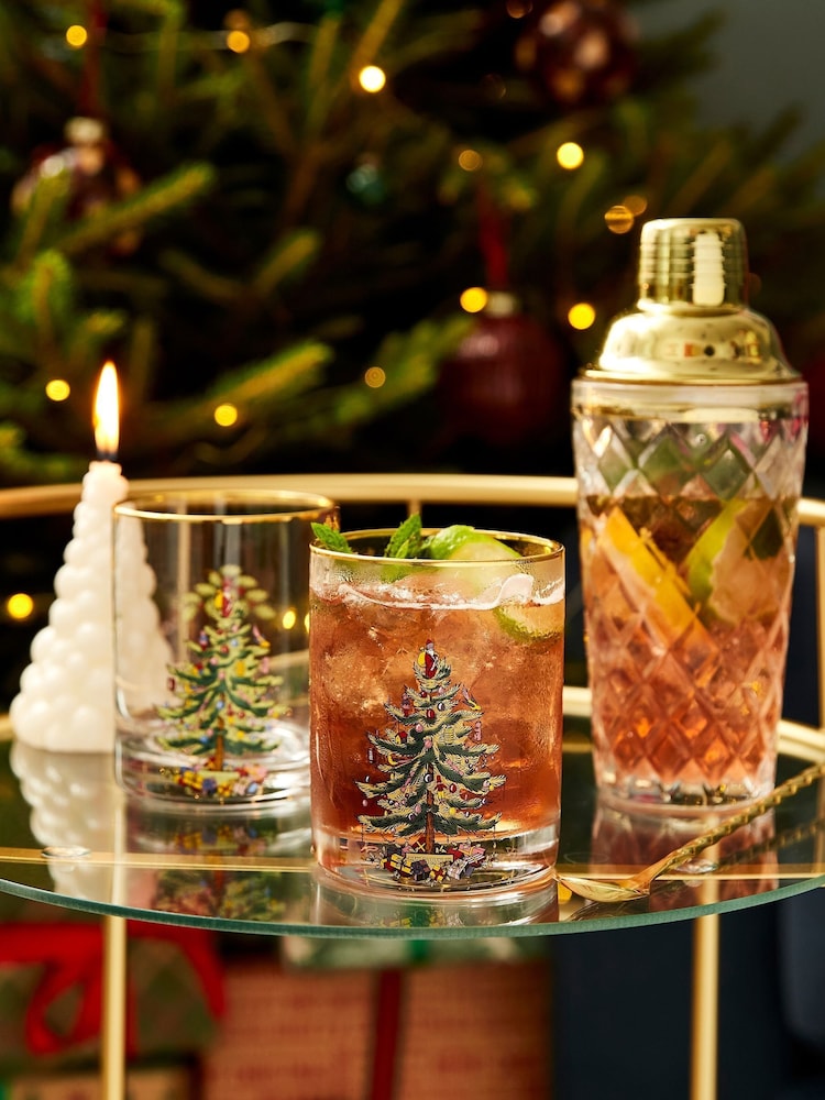 Spode Set of 4 Clear Christmas Tree Lowball Glasses - Image 1 of 2 Spode Set of 4 Clear Christmas Tree Lowball Glasses - Image 1 of 2