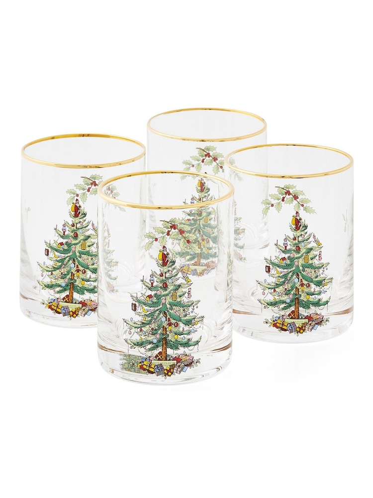 Spode Set of 4 Clear Christmas Tree Lowball Glasses - Image 2 of 2 Spode Set of 4 Clear Christmas Tree Lowball Glasses - Image 2 of 2