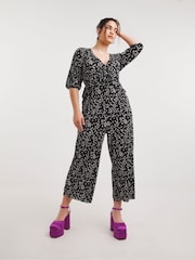 Simply Be Black Spot plisse Culotte Jumpsuit - Image 1 of 4
